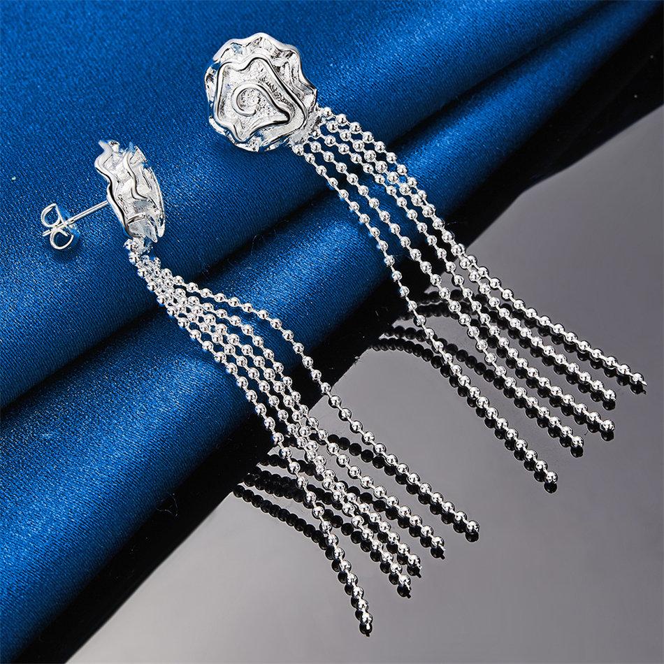 Charming 925 Sterling Silver Exquisite Tassel Rose Flower Earrings for Women Fashion Wedding Jewelry Party Gifts