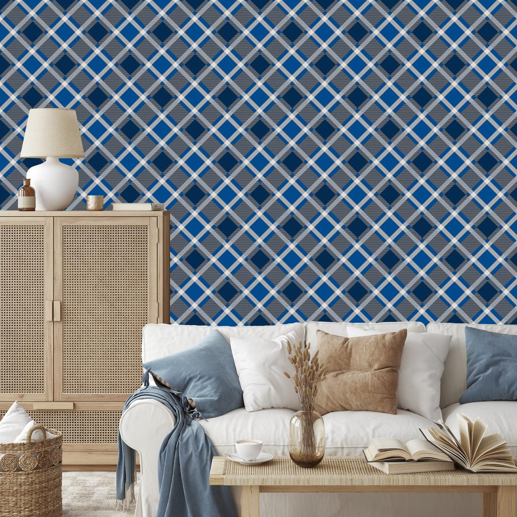 Blue Checkered Wallpaper, Blue, Navy Blue, and Gray, 50x1000