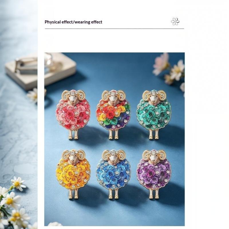 Cute Sheep Rhinestone Inlaid Brooch Colorful Rose Decoration Anti-fade Alloy Brooch for Women Party Prom Outfit Accessories