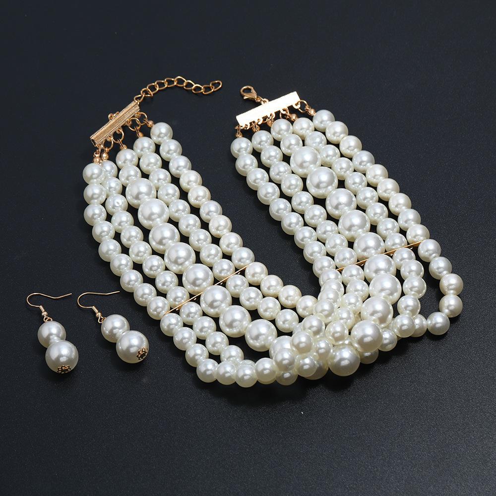 Hot-selling Jewelry Necklace Fashionable and Elegant Multi-layer Imitation Pearl Beaded Short Necklace Earrings Set Women