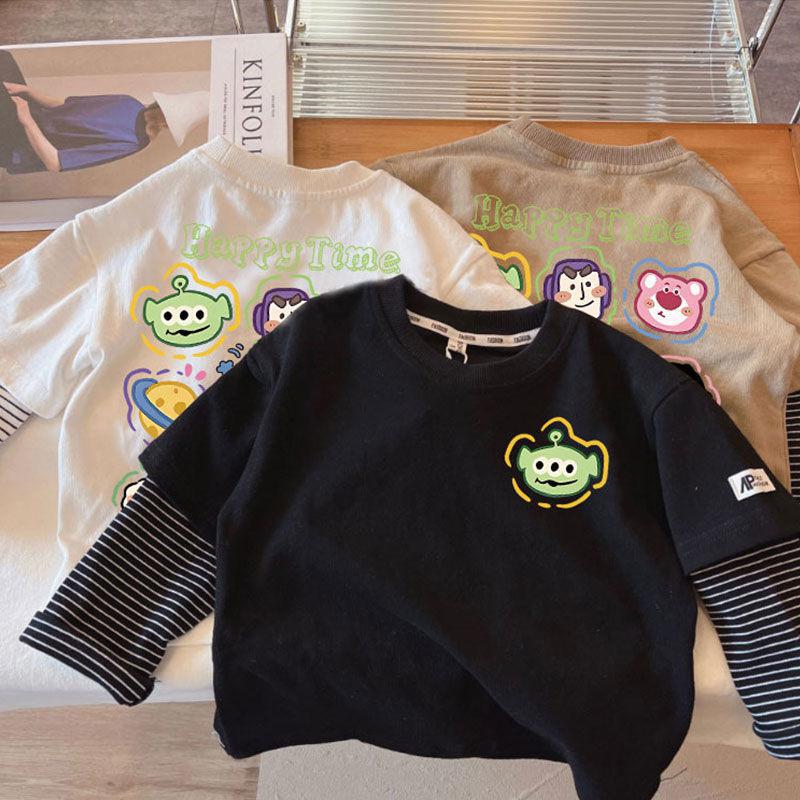 Kids Spring Autumn Cotton Fake Two Piece Long Sleeve T Shirt Boys Girls Fashion Casual Top Base Layer