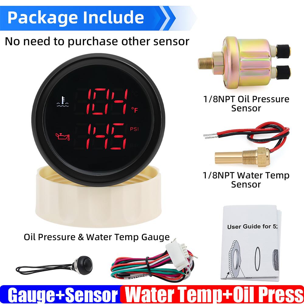 2 IN 1 Dual Gauge with Alarm Red LED Digital 52mm Oil Pressure Meter/Water Temp Meter+Sensor for Automobile Car 12V24V