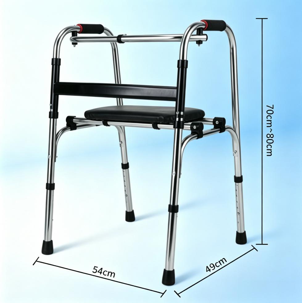 Height-Adjustable Foldable Stainless Steel Walker with Seat for Seniors