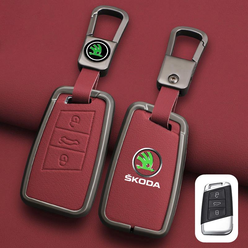 XOWS7 Zinc Alloy Leather Car Remote Key Case Cover Protector Shell Fob For Skoda Superb A7 Kodiaq Octavia A7 A8 Keychain Accessories