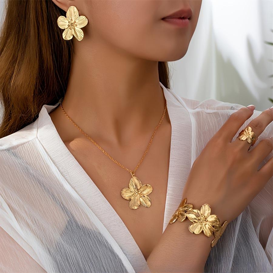 Flower Stud Earrings Premium Women's Petal Jewelry Set Metal Camellia Bracelet Ring Earrings Necklace