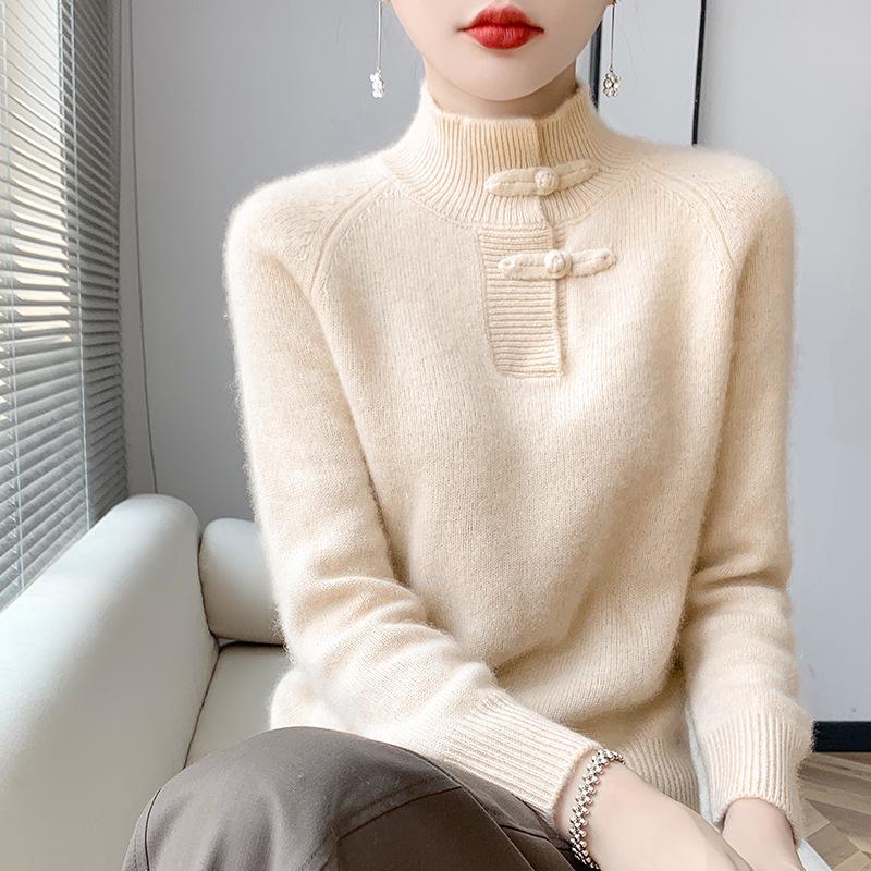 Women's Slimming Wool Sweater - Chinese Style Button-Up, Half-High Collar, Long Sleeve Pullover for Autumn/Winter