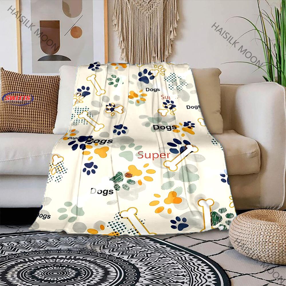 Multi-Size Cute Dog Bone and Paw Printed Throw Blanket, Bedding, Throw Blanket for Couch & Bed Great Gifts for Boys and Girls