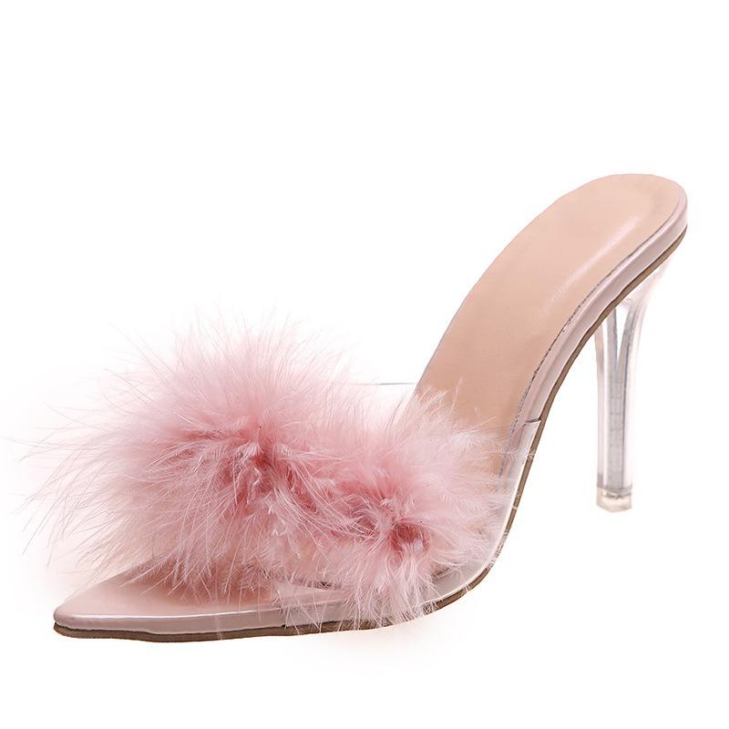 Summer new large size fluff fashion fish mouth sandals sexy stiletto high heels women's transparent one-word slippers