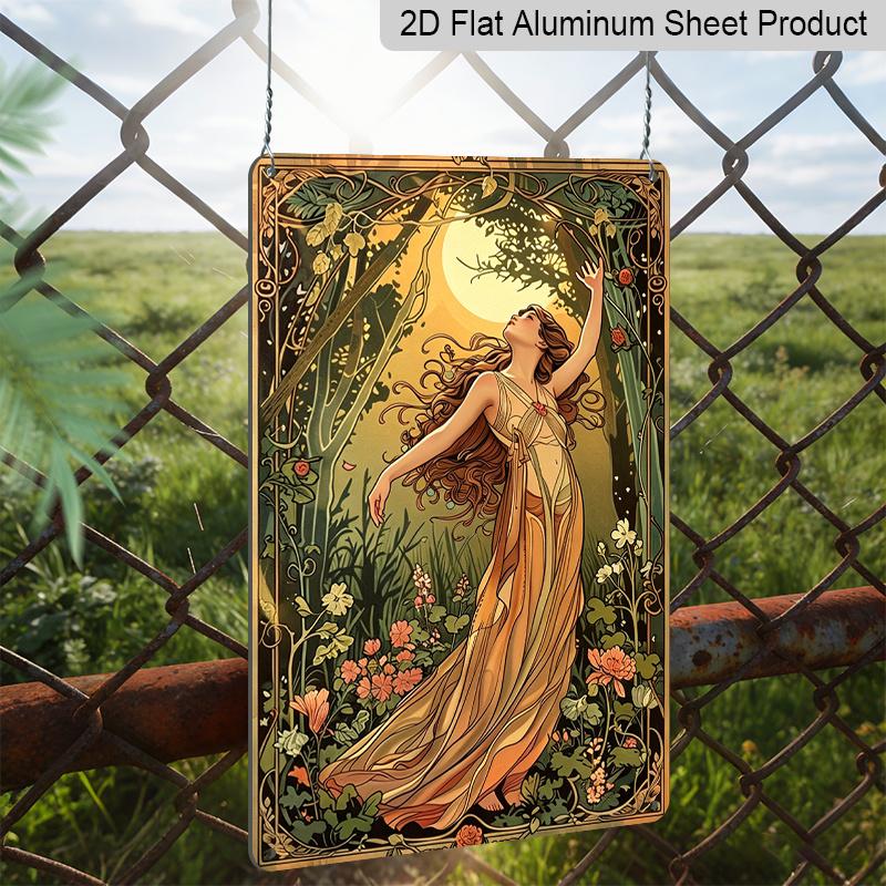 2D Flat Vintage Garden Girl Aluminum Wall Art- 8x12 Inches, Elegant Forest Scene with Flowing Dress& Blooming Flowers, Perfect for Indoor/Outdoor