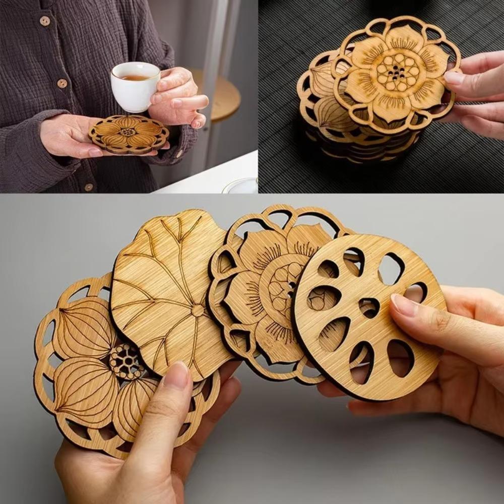 6 Stück/Set Lotusblume Holz Rund Tassenuntersetzer Chinesischer Stil Teetassen Untersetzer Esstischmatte Küche