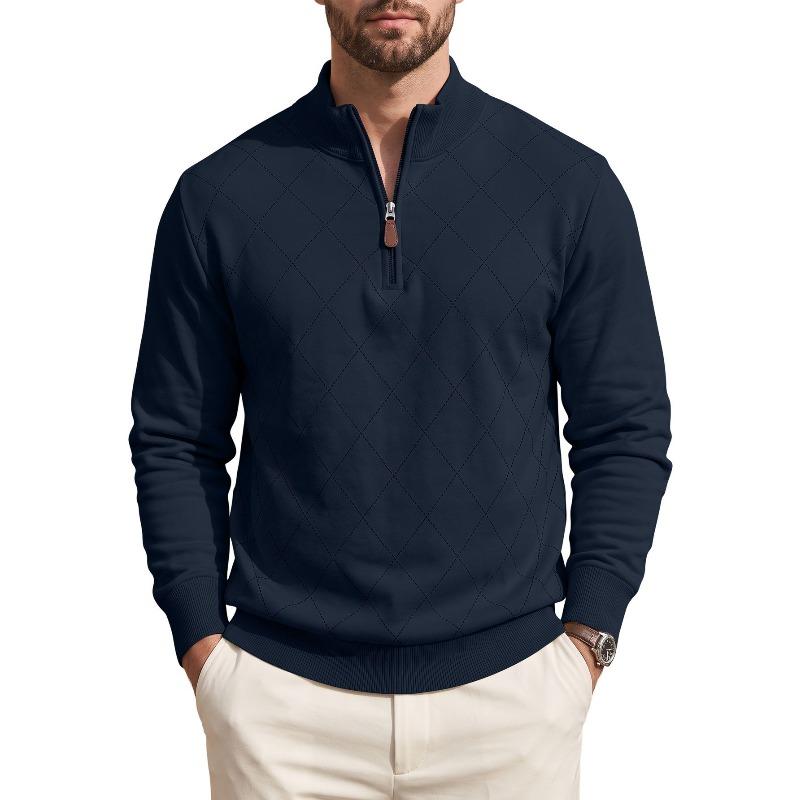 Men's Slim Fit Diamond Pattern Sweatshirt, Half-Zip Stand Collar Pullover, Long Sleeve Casual Top