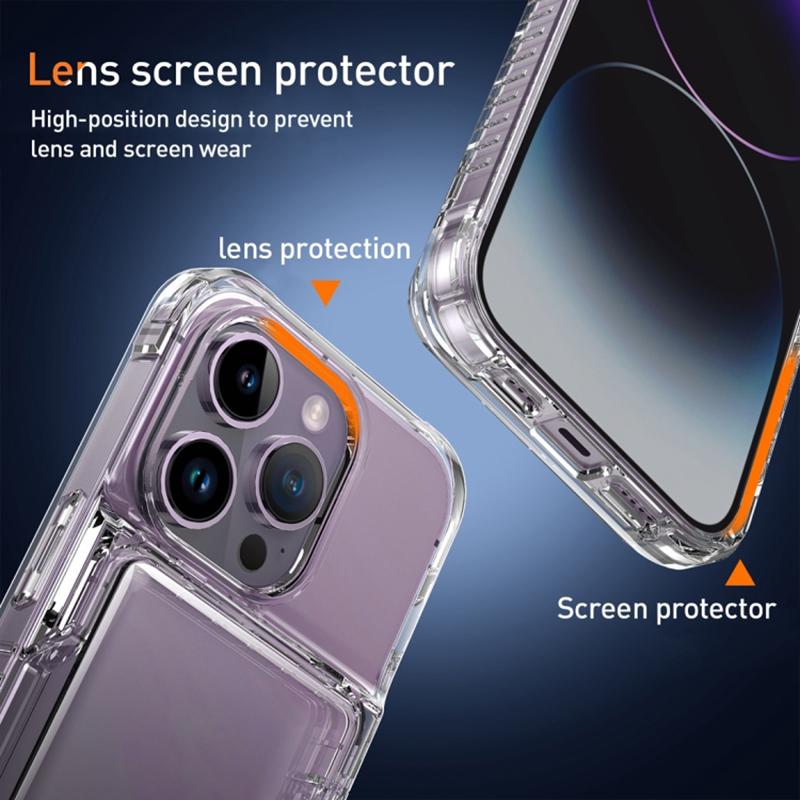 

For iPhone 15 Anti-Scratch Phone Cover Clear PC+TPU Phone Case with Kickstand Card Holder Transparent
