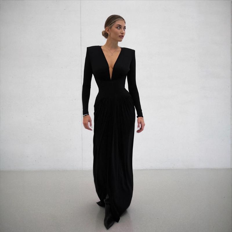 Elegant European V-Neck Color Block Bodycon Dress, Autumn-Winter 2025 Collection Large чёрный
