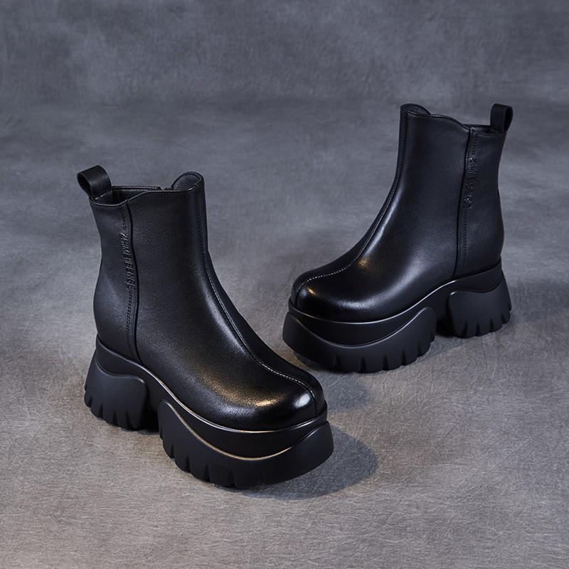 Johnature Round Toe Thick Soled Short Boots Genuine Leather High Heels Vintage Women's Platform Boots