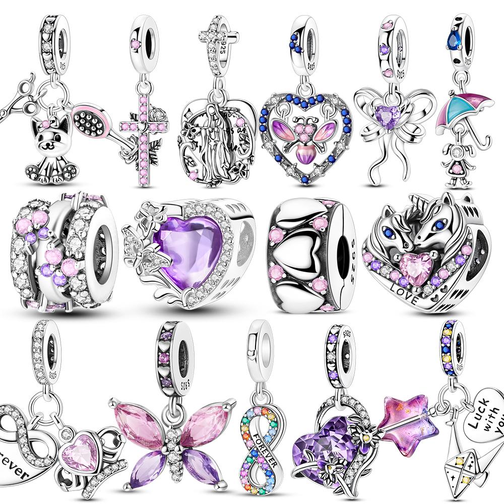 Charm Copper Purple Butterfly Heart Pendant Beads Charms Fine Jewelry Fit Original Bracelet For Women Diy Gift