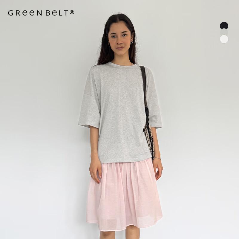 GREEN BELT Summer Embroidered Round Neck Half-Sleeve T-Shirt for Women M серый