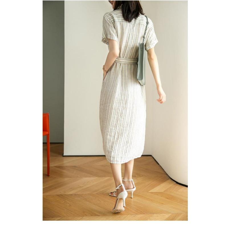 Luxury Summer Linen Dress with Stripes Thin and Comfortable High Quality Womens Fashion