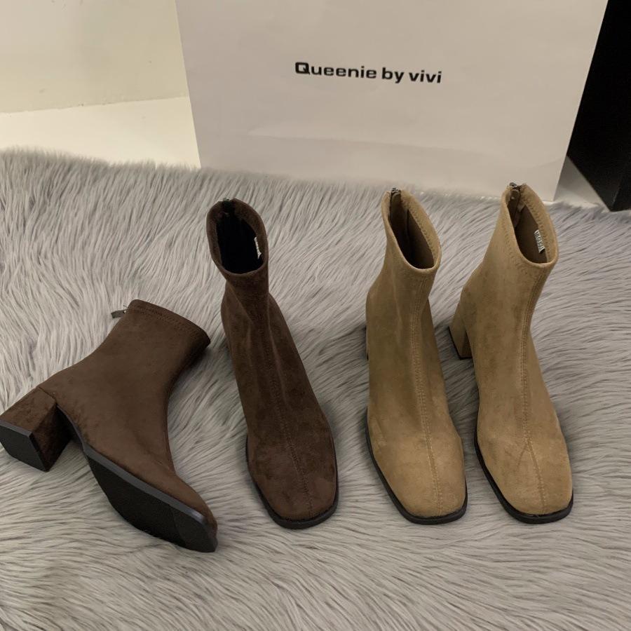 High Heel Square Head Skinny Short Boots Women's Shoes 2025 Autumn and Winter Fleece Korean Small Ankle Boots Martin Boots
