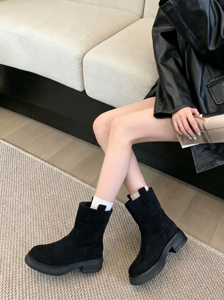 Inner height increase.~ Retro round head thick heel Martin boots thin boots autumn and winter new suede cowboy boots thick bottom pass