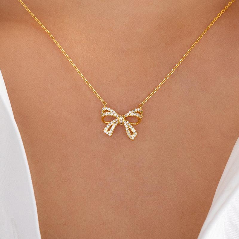 Diamond-encrusted alloy bow necklace, new jewelry women's pendant, niche high-end collarbone chain