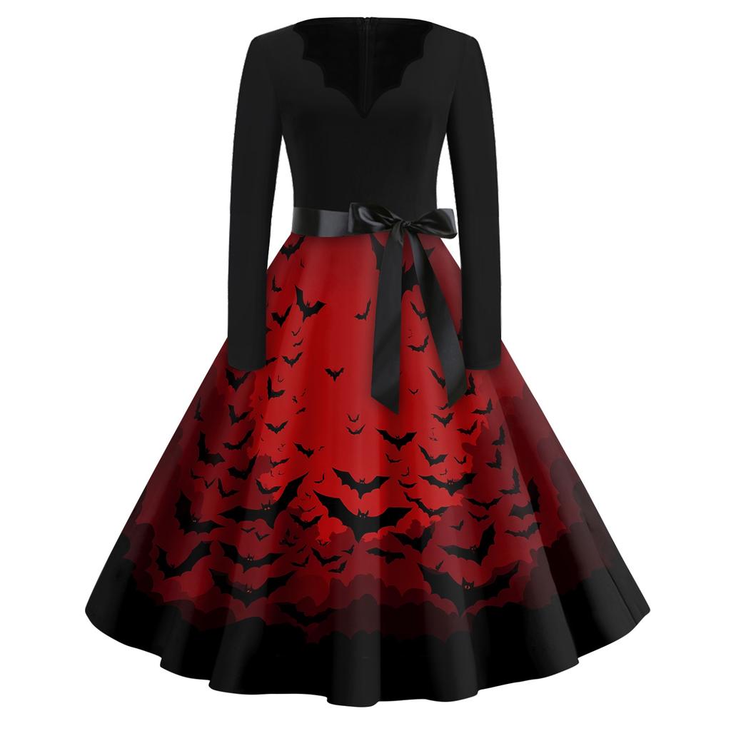 Women's Vintage Halloween Print V-Neck Dress, Casual Party Outfit for Celebrations