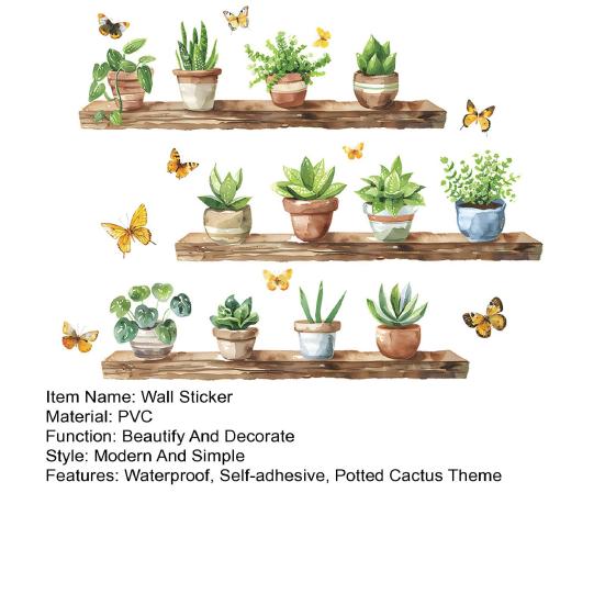 Potted Cactus Shelf Wall Sticker Removable Waterproof PVC Self-adhesive Home Office Living Room Kids Bedroom Green Plant Wall Art Decoration Decal