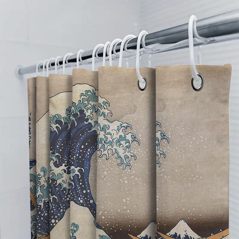 Tenda Doccia Arte Ondulato Giapponese Decorazione Bagno a Tema Spiaggia Oceanica Vibe Costiere Stampa Paesaggio Marino Sfondo Tessile per la Casa