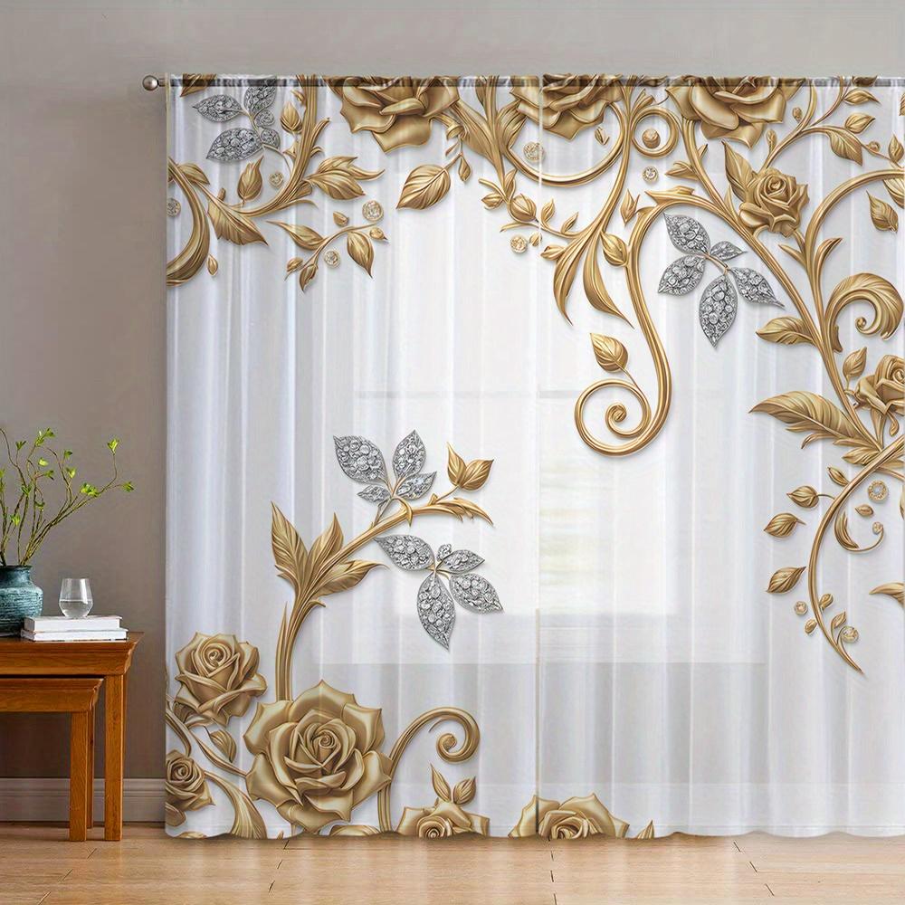 High Quality Gold Floral Pattern Curtains Baroque Sheer Decorative Window Drapery Panels Luxury Living Room Home Decor