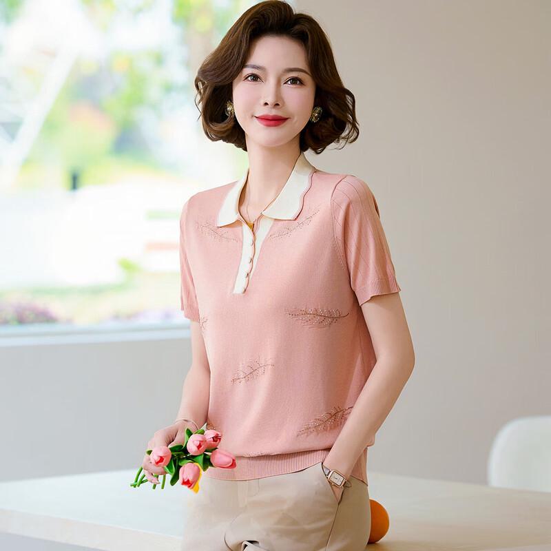 Middle-Aged Women's Embroidered Ice Silk Knit Short Sleeve Top