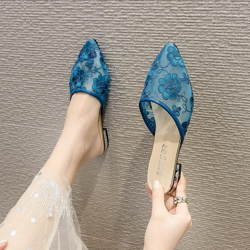 Shoes for Women Low Heel Slides Sexy Black Woman Mules Slippers Pointed Toe Embroidery 39 Chic and Elegant H Sandal Pvc Sandals