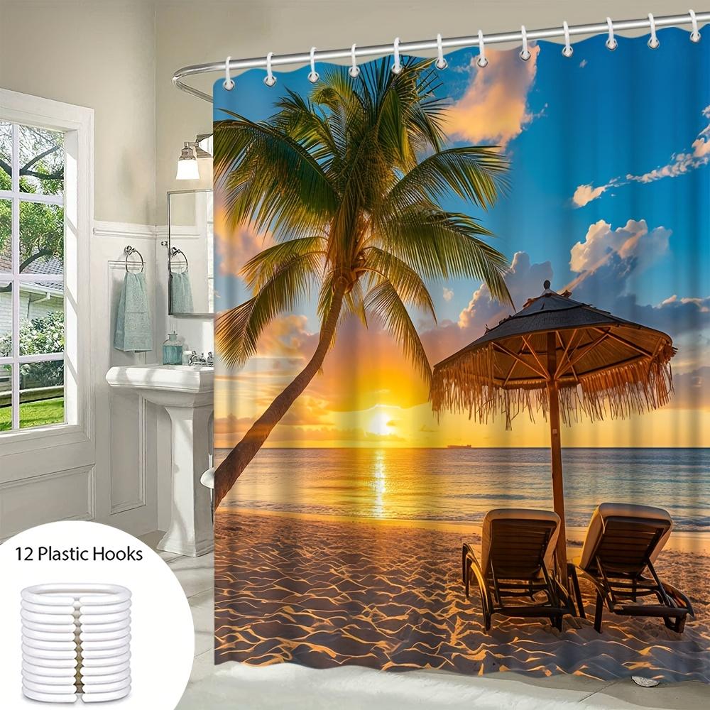 Tropical Sunset Beach Bath Curtain - Palm Tree & Lounge Chairs; Waterproof Home Decor Adds Vacation Vibes to Your Bathroom
