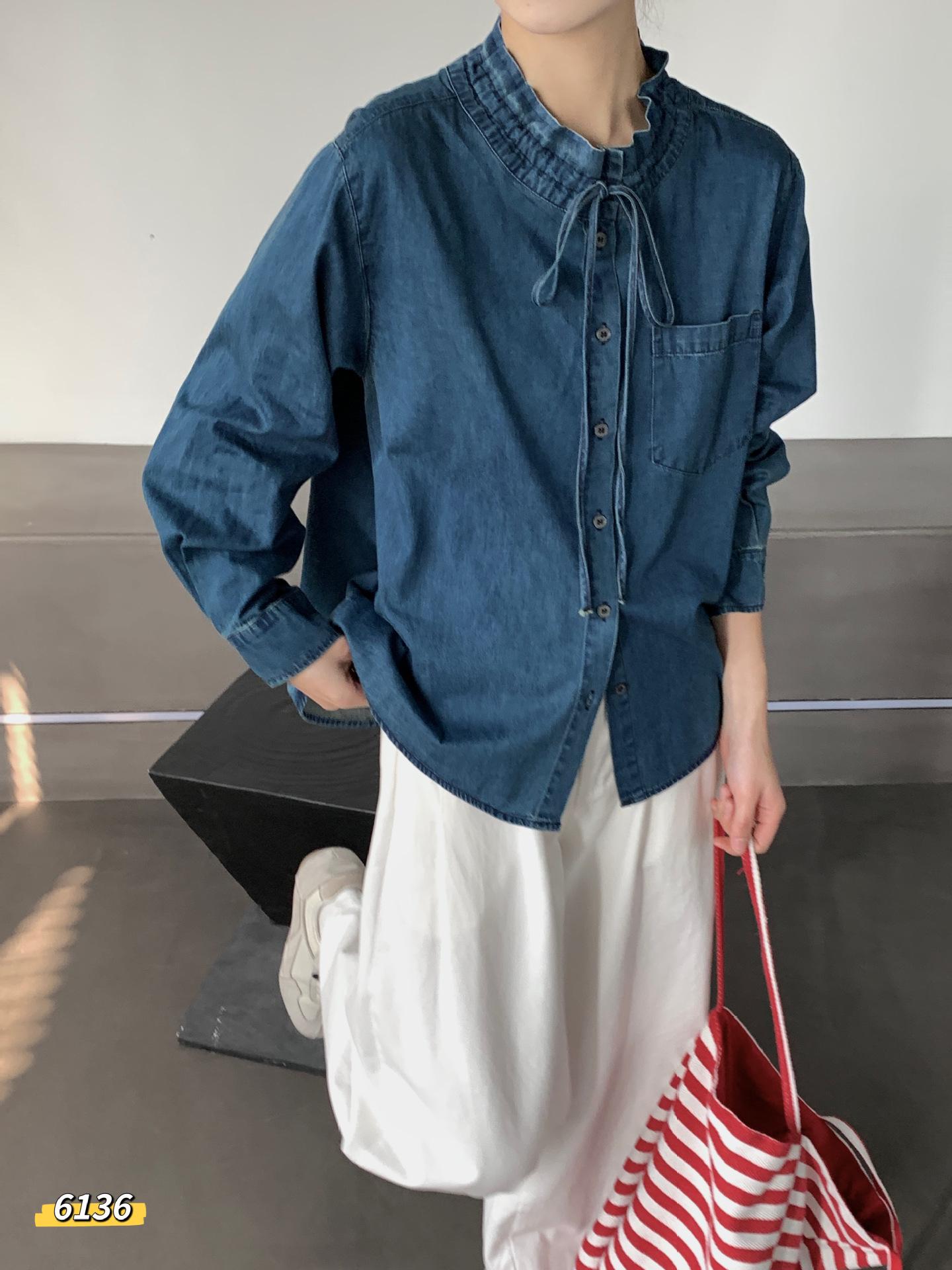 Spring Youth Denim Lace-Up Ruffle Collar Long Sleeve Shirt One Size (80-140 jin) синий