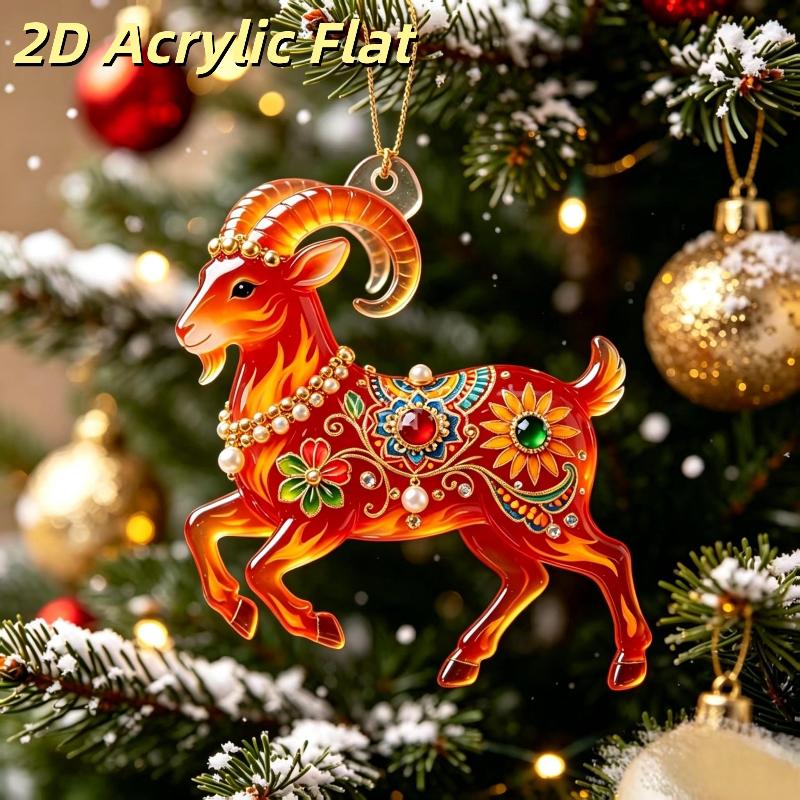 2D Acrylic Goat Christmas Tree Pendants Cute Animal Sheep Hanging Ornaments For Xmas Tree Decor Party Supplies  Year Gifts
