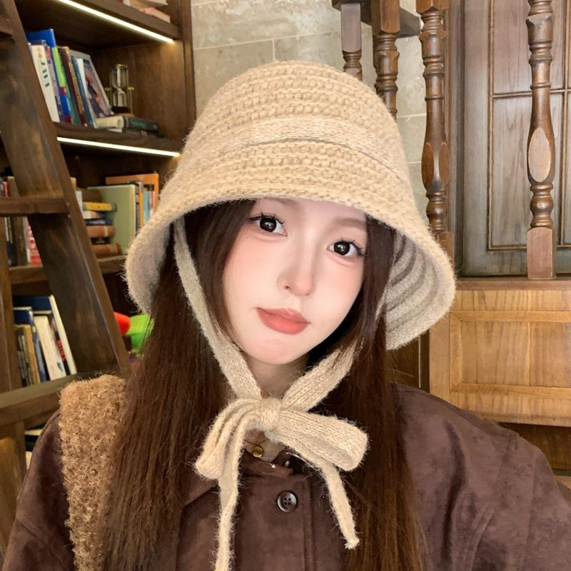 Knitted Bucket Hat Women Winter Warm Fisherman Hat Ear Tie Bow Crochet Solid Color Autumn Casual Outdoor Cap