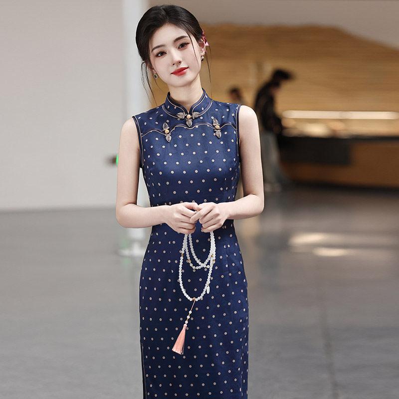 Polka dot blue national style new Chinese sleeveless long improved cheongsam 1011 new women's high-end dress spring and summer