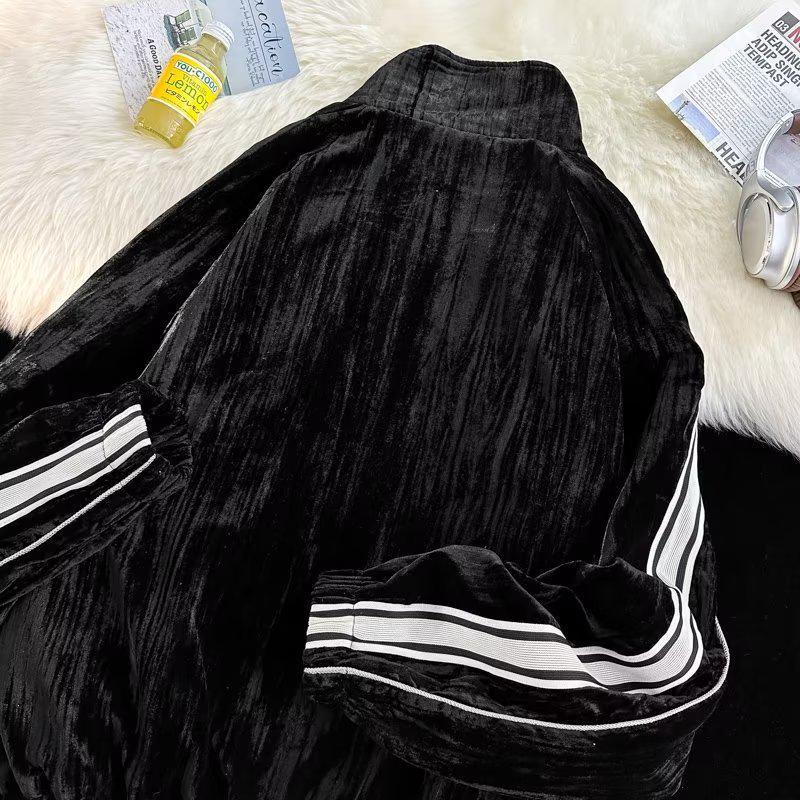 Jesienna Stylowa Bluza w Paski ze Złotego Weluru Dwuczęściowy Sportowy Garnitur dla Par dla Mężczyzn