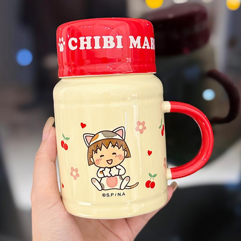 Cute Cartoon Chibi Maruko-chan Mug with Lid Girl s Cup  Student Dormitory Milk Cup  Souvenir 420ml