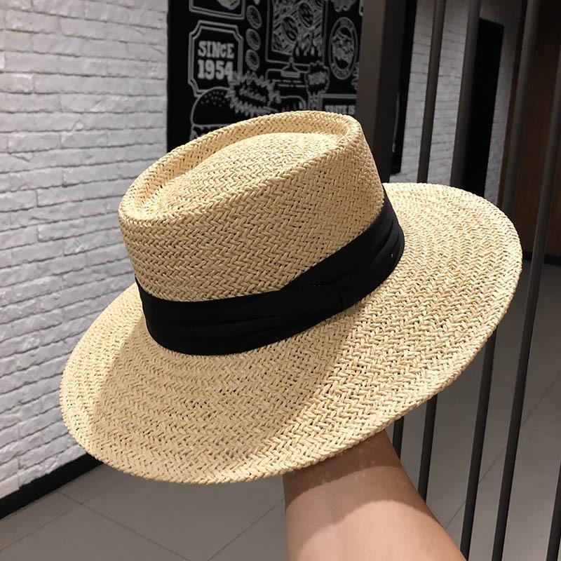 Summer Hand-Woven Wide-Brimmed Flat-Brimmed Celebrity Top Hat, Sunshade, Sun Protection, Vacation Beach Straw Hat, Children M(56-58cm)