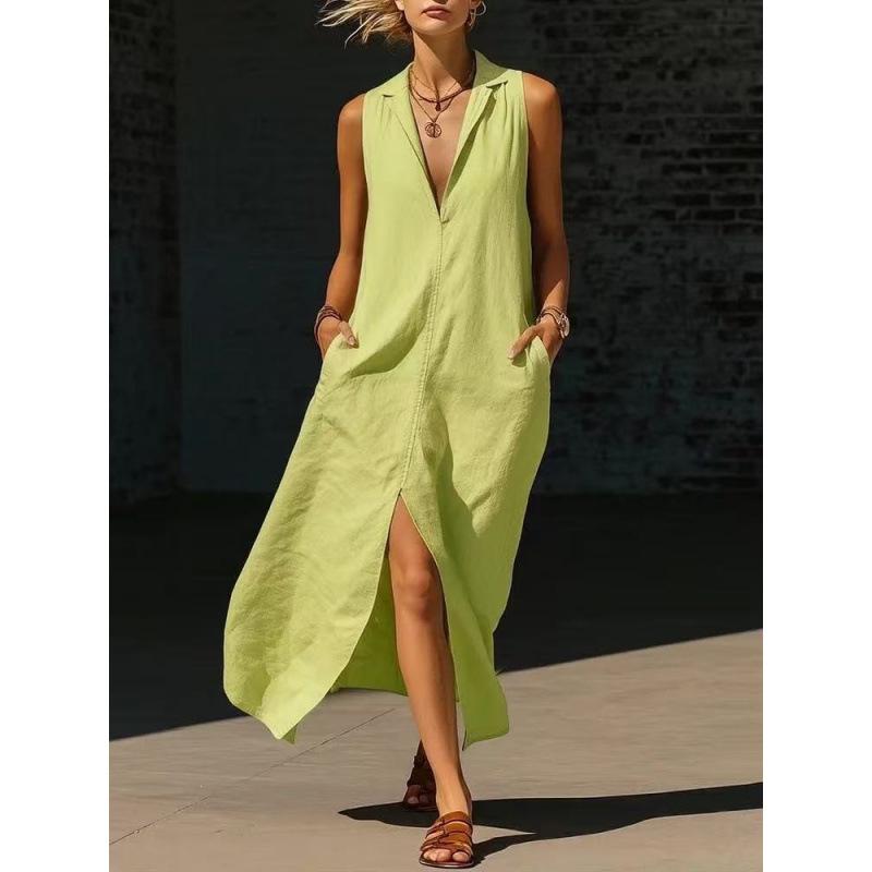 European and American New Women's Clothing, Casual Sleeveless Loose Pocket Women's Long Dress