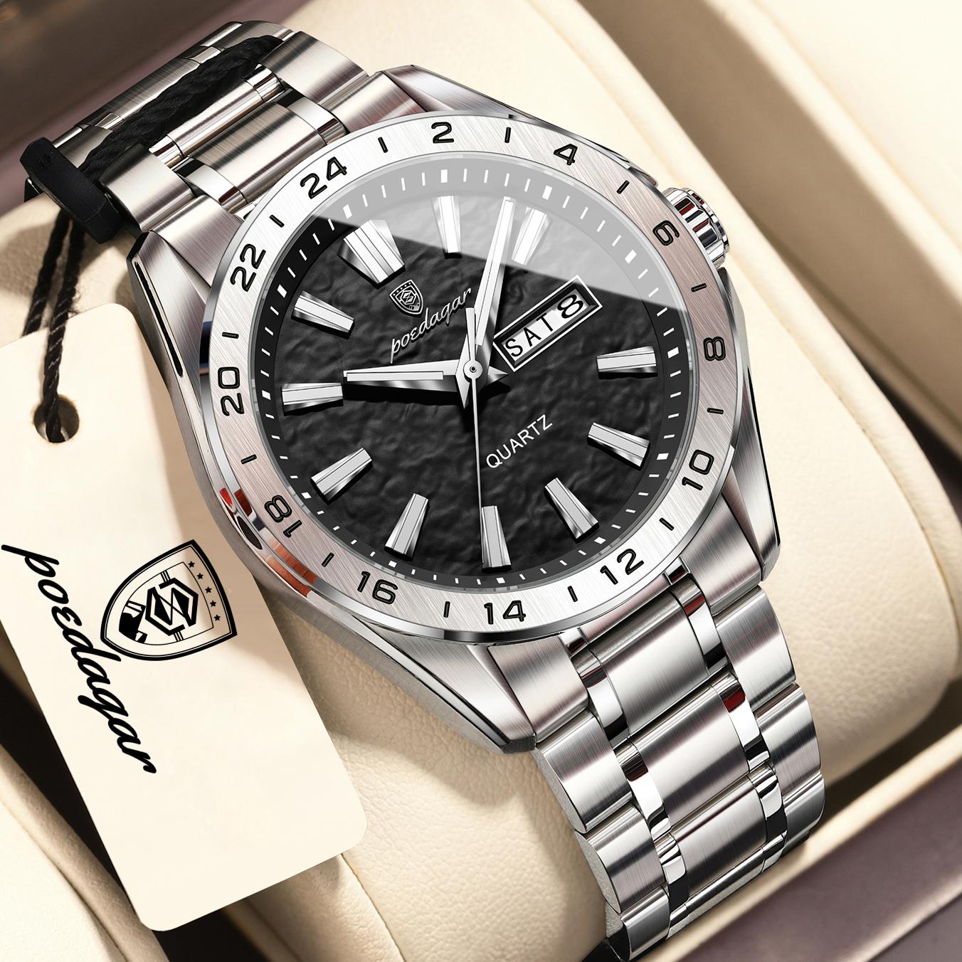 

POEDAGAR Fashion Business Men s Watches High Quality Waterproof Luminous Watch for Date Week Casual Quartz Clock Reloj чёрный/серебряный