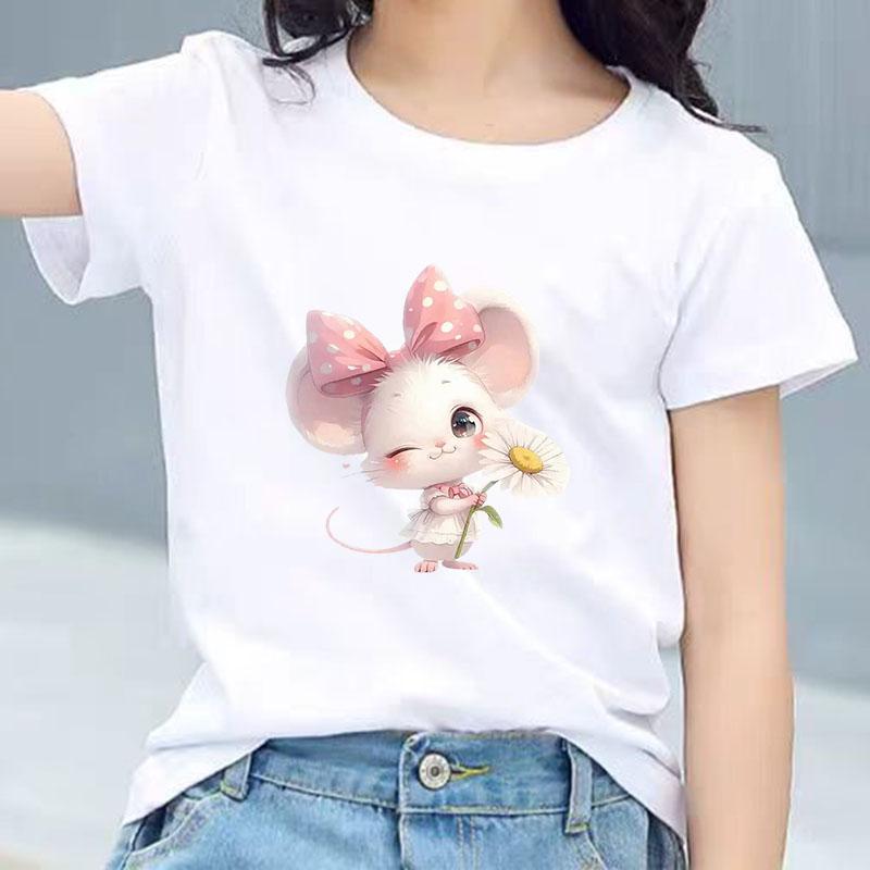 Kids Cotton T Shirt Adorable Mouse With Bow  Flower Print Crew Neck Short Sleeve Tee Casual Boys Girls Summer Tops