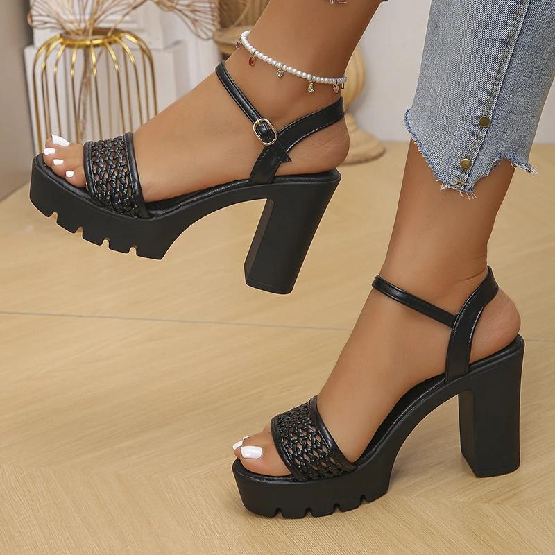 Fashion Plus Size Fashion High Heels Sandals Women Hollow Out Weaving Platform Sandles Woman Summer Buckle Strap Thick Heeled Sandalias