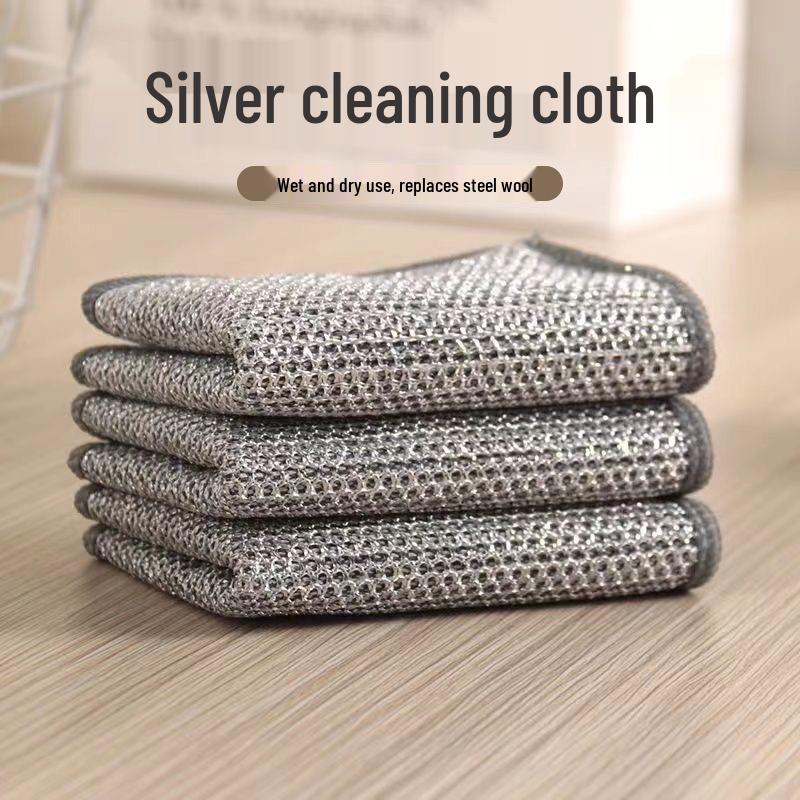 High-Quality Silver Thread Dishcloth: Soft, Durable, Non-Stick, and Tough Dishwashing Cloth with Steel Wire and Polyester Blend.