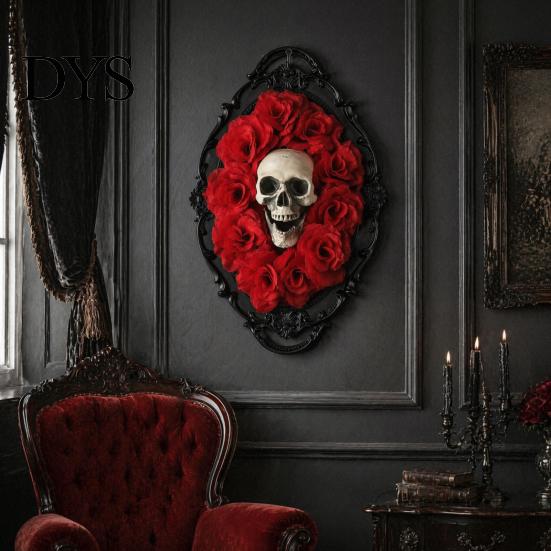 Halloween Spider Web Skull Decor Gothic Wall Decoration, Vintage Red Rose Frame Sculpture, Ornament Horror Art for Holiday Party Spooky
