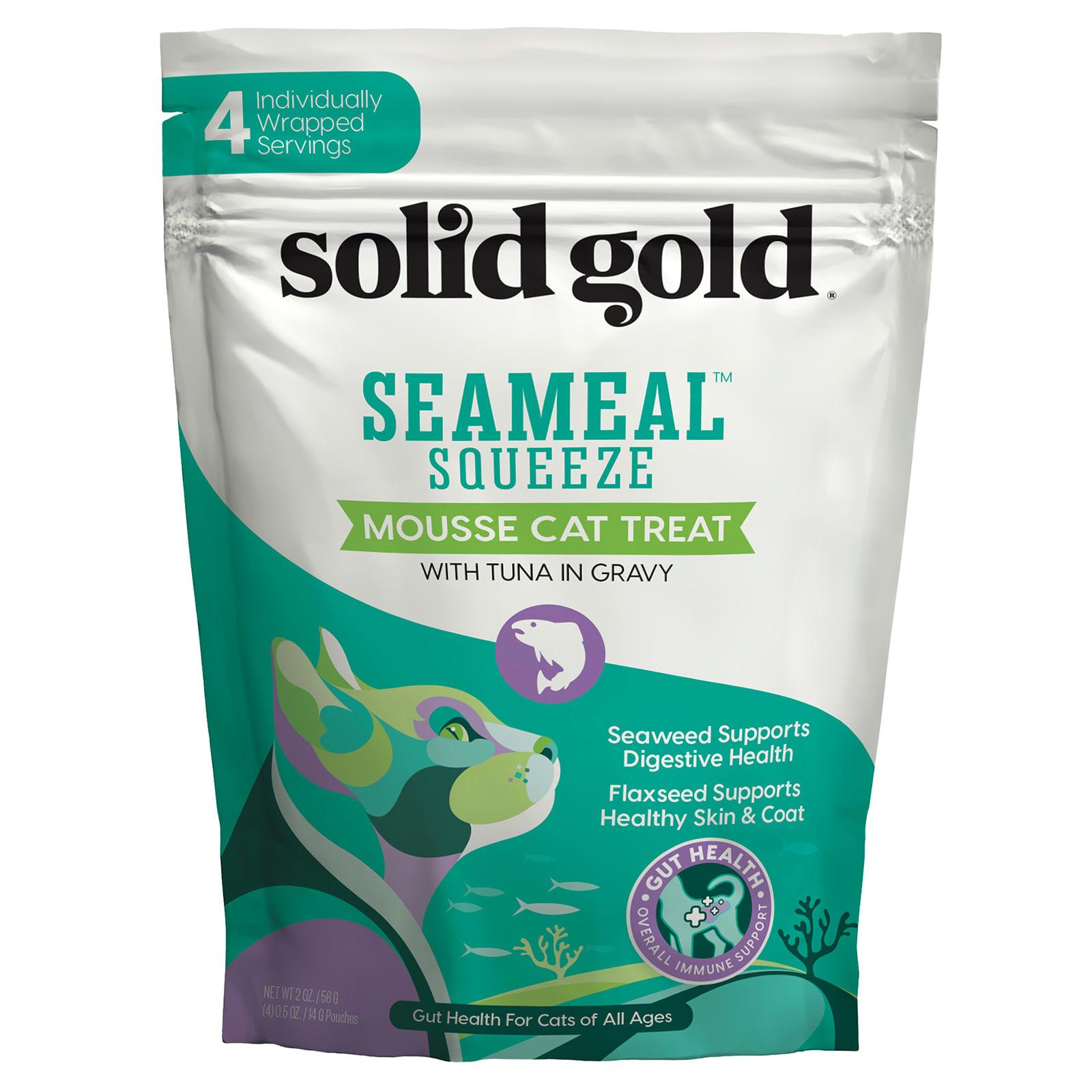 

Solid Gold, SeaMeal™ Squeeze Moose Кошачьи лакомства, Тунец, Вкус подливки, Для всех кошек, 4 пакетика, 0,5 унции (14 г) Каждый