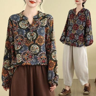 Chinese Style Artistic Retro Cotton Linen Long Sleeved T-shirt Women's Spring Autumn Clothing Loose Base Shirt