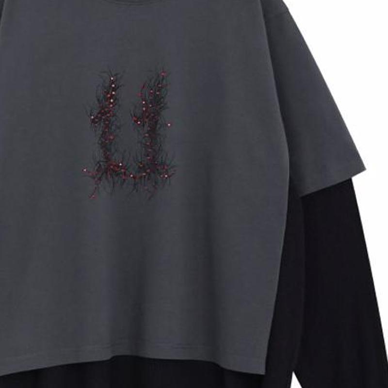 We11done Ss24 Printed Round Neck Layered Long Sleeve T-Shirt Unisex Tops Gray WD-TT1-24-850-U-GY