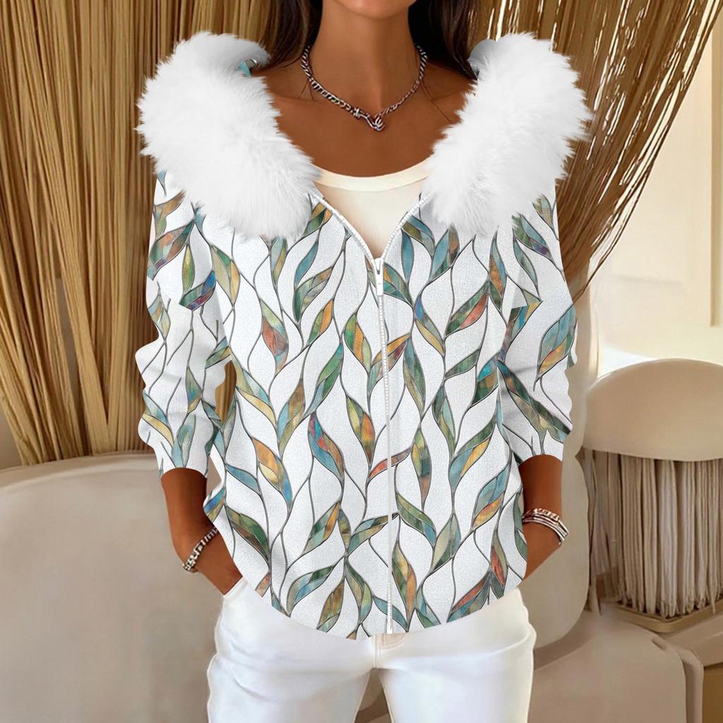 Pulover Casual de Damă la Modă cu Fermoar, Cardigan cu Imprimeu, Jachetă cu Glugă Plușată