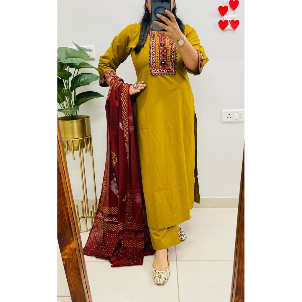 Bollywood Pure Cotton Ethnic Kurti Pant Dupatta Set Indian Women Top Kurta Set