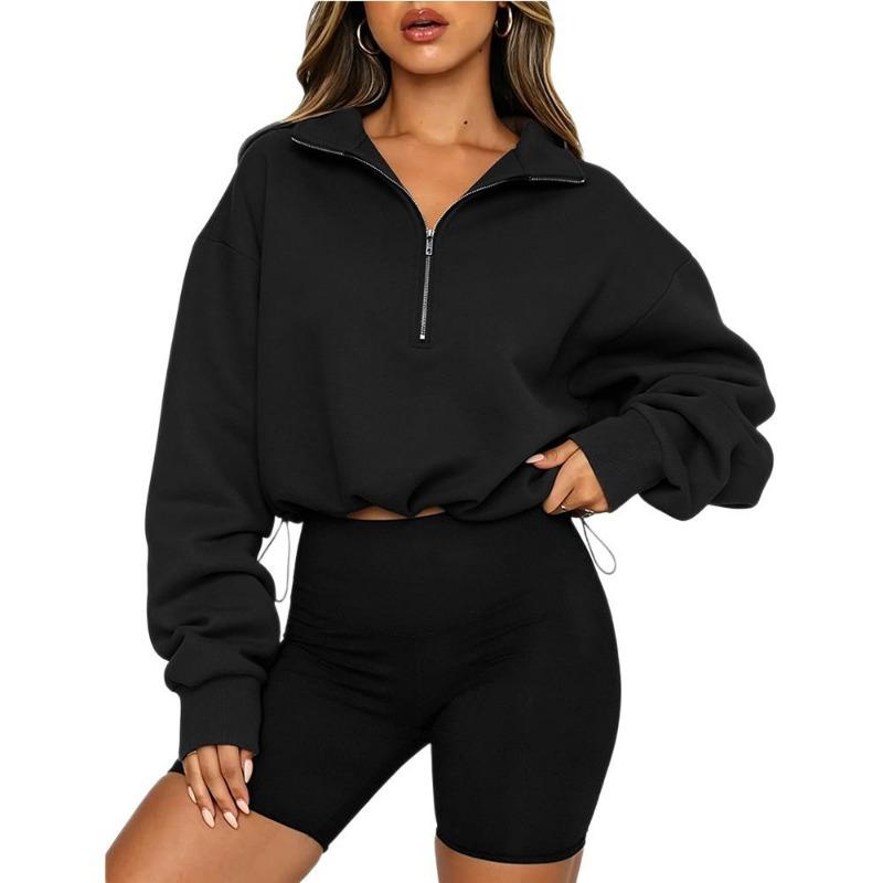 Women S Half Zip Long Sleeve Cropped Sweatshirt With Drawstring Y2k Style